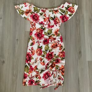 Women's Bodycon Dress Mini Summer Small Floral Red White Off The Shoulder Tie